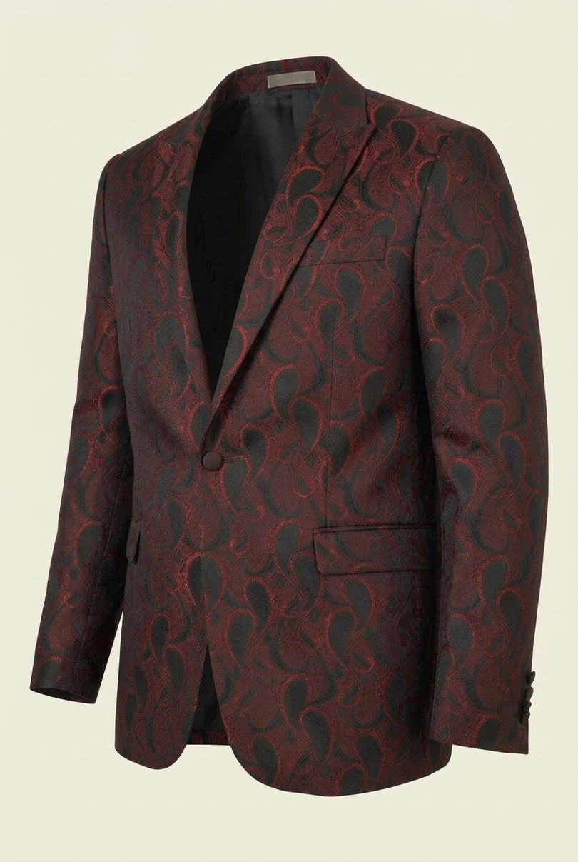 Peak Lapel Paisley Jacquard Tuxedo Jacket - Red - Side