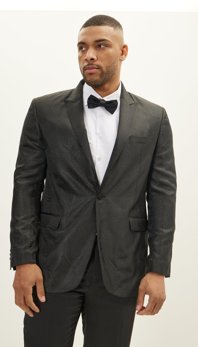Peak Lapel Tuxedo Jacket - Leaf Jacquard Black - Ron Tomson