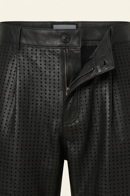 Perforated Cut-Out Leather Shorts - Black - Detail