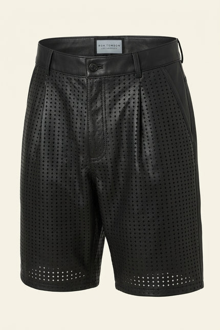 Perforated Cut-Out Leather Shorts - Black - Front
