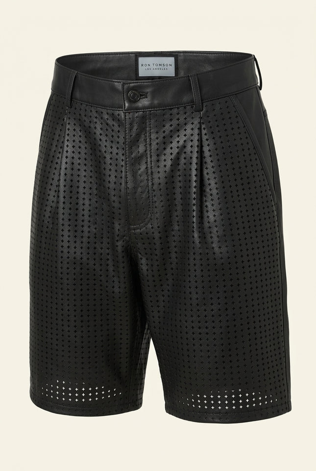 Perforated Cut-Out Leather Shorts - Black - Front