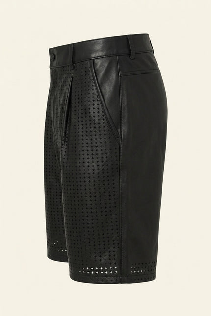 Perforated Cut-Out Leather Shorts - Black - Side