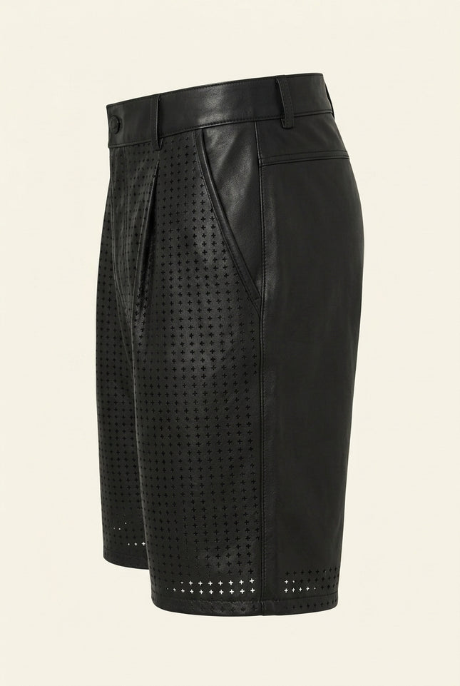 Perforated Cut-Out Leather Shorts - Black - Side