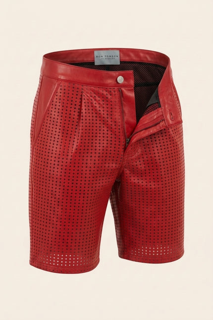 Perforated Cut-Out Leather Shorts - Red - Front (Alt)