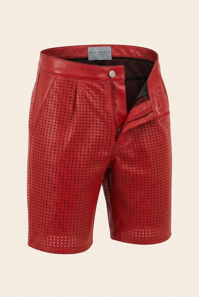 Perforated Cut-Out Leather Shorts - Red - Front (Alt)
