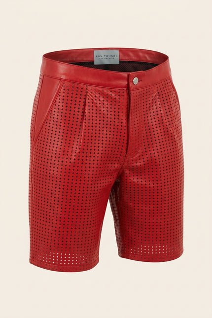 Perforated Cut-Out Leather Shorts - Red - Front