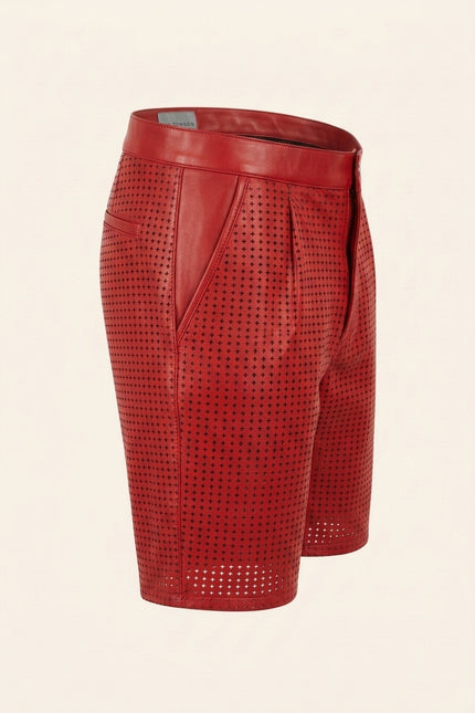 Perforated Cut-Out Leather Shorts - Red - Side