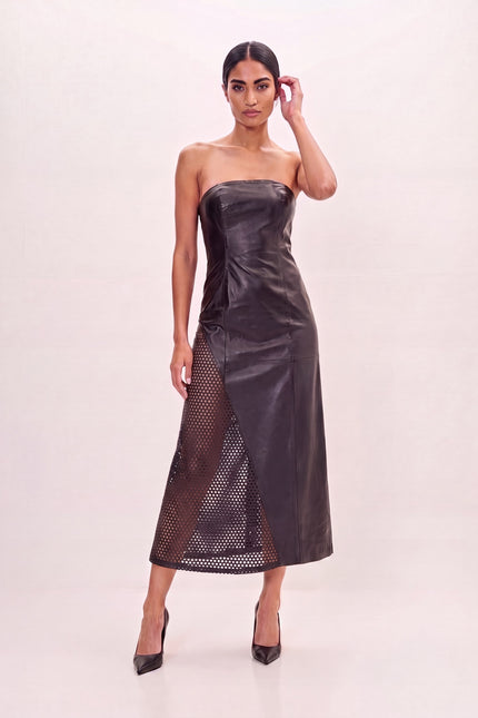 Perforated Fishnet Leather Dress - Black - front view