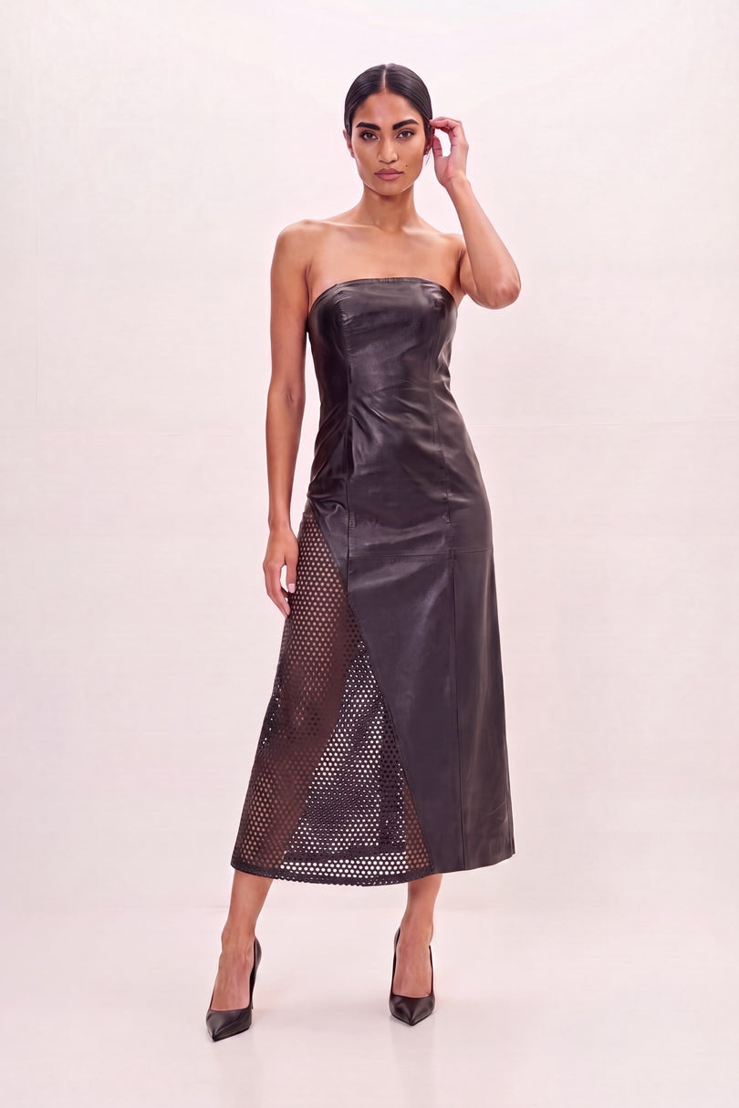 Perforated Fishnet Leather Dress - Black - front view