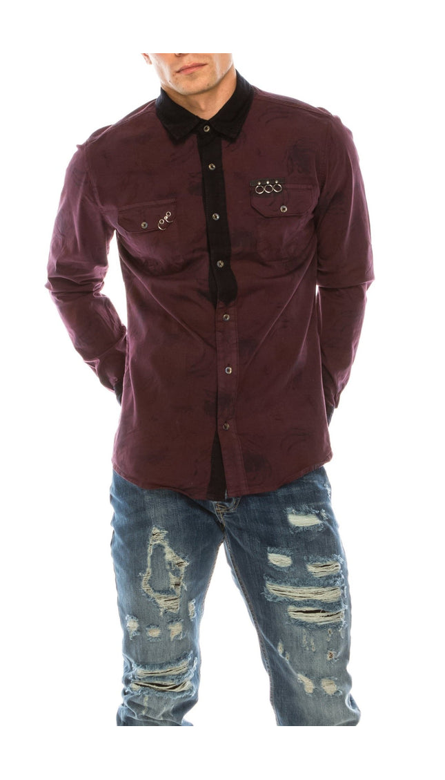 Pierced Fitted Button Down Shirt - Wine - Ron Tomson