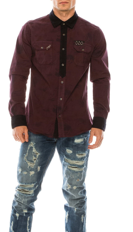 Pierced Fitted Button Down Shirt - Wine - Ron Tomson