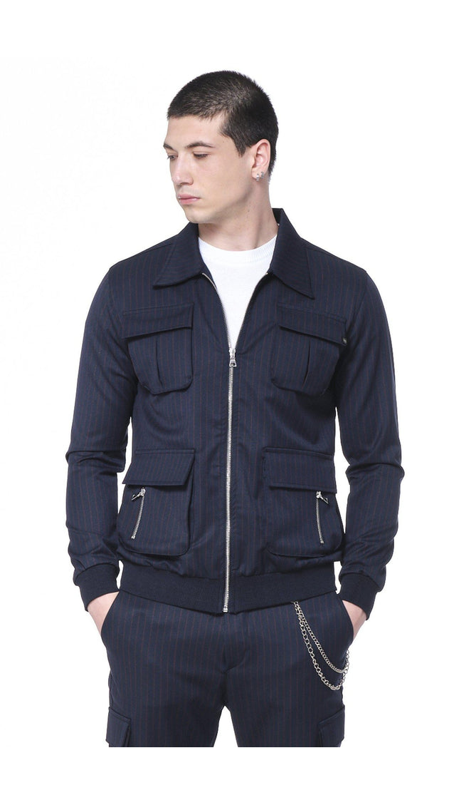 PINSTRIPED UTILITY BOMBER JACKET - NAVY RED - Ron Tomson