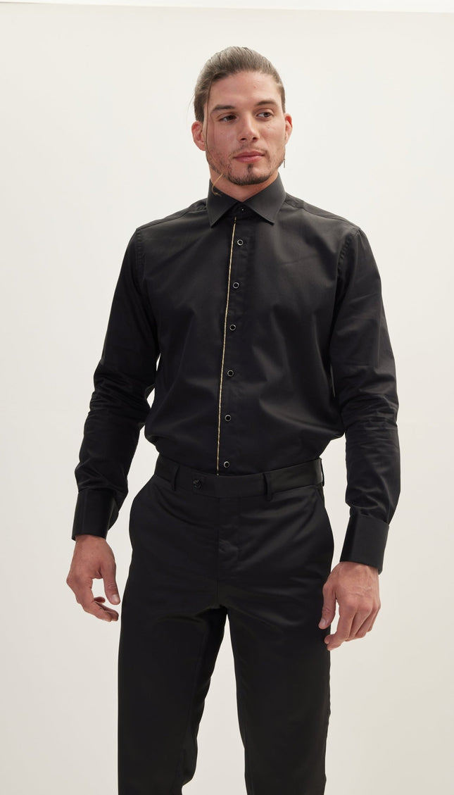 Piped Lurex Detailed Tuxedo Shirt - Black Black - Ron Tomson