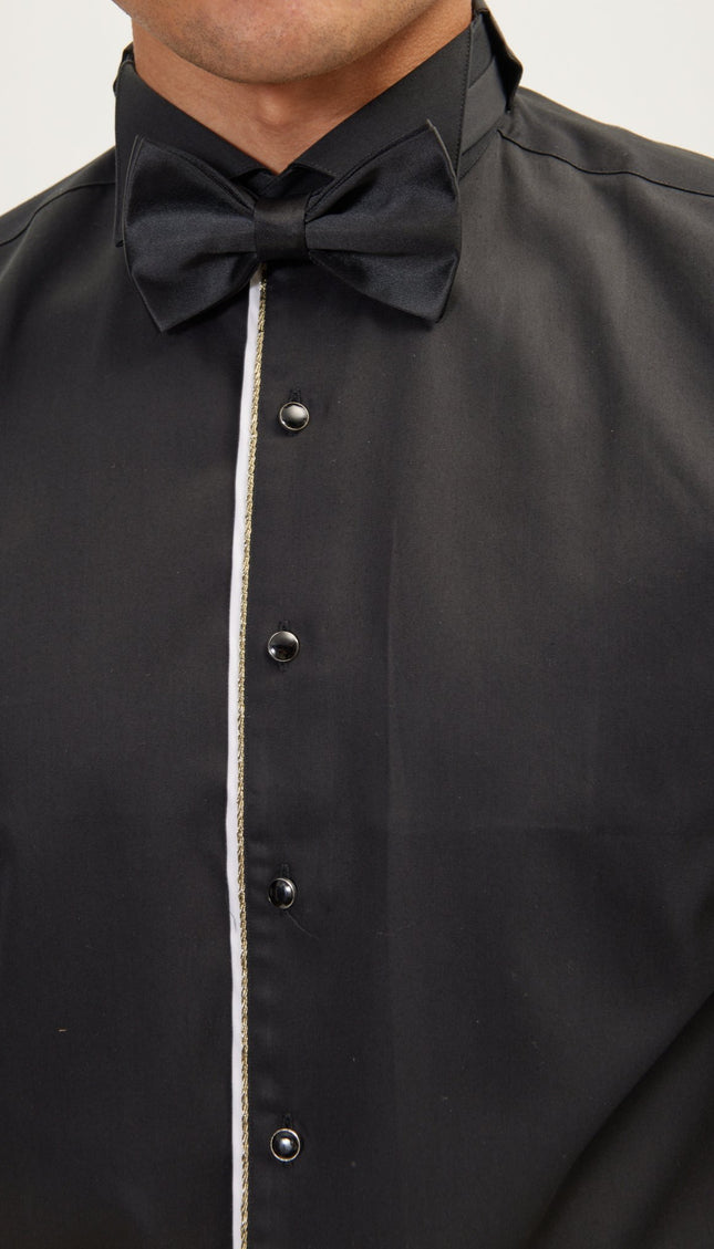 Piped Lurex Detailed Tuxedo Shirt - Black White - Ron Tomson