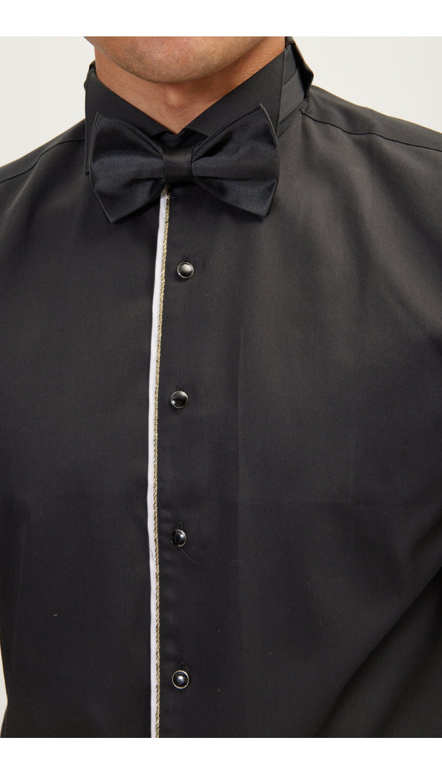Piped Lurex Detailed Tuxedo Shirt - Black White - Ron Tomson