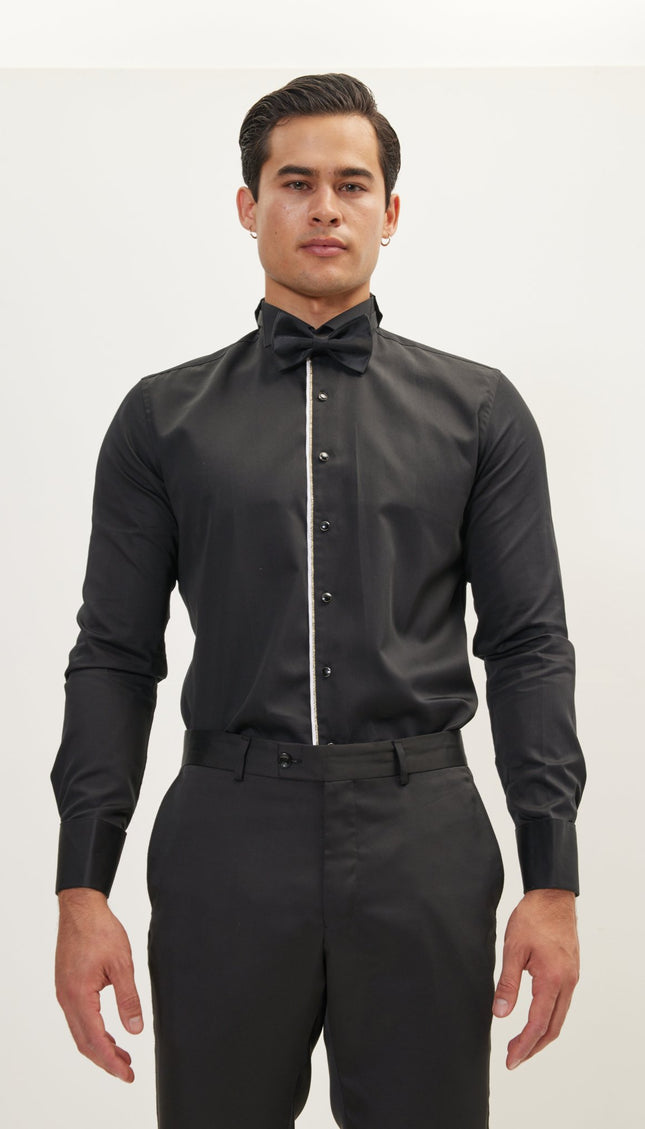 Piped Lurex Detailed Tuxedo Shirt - Black White - Ron Tomson