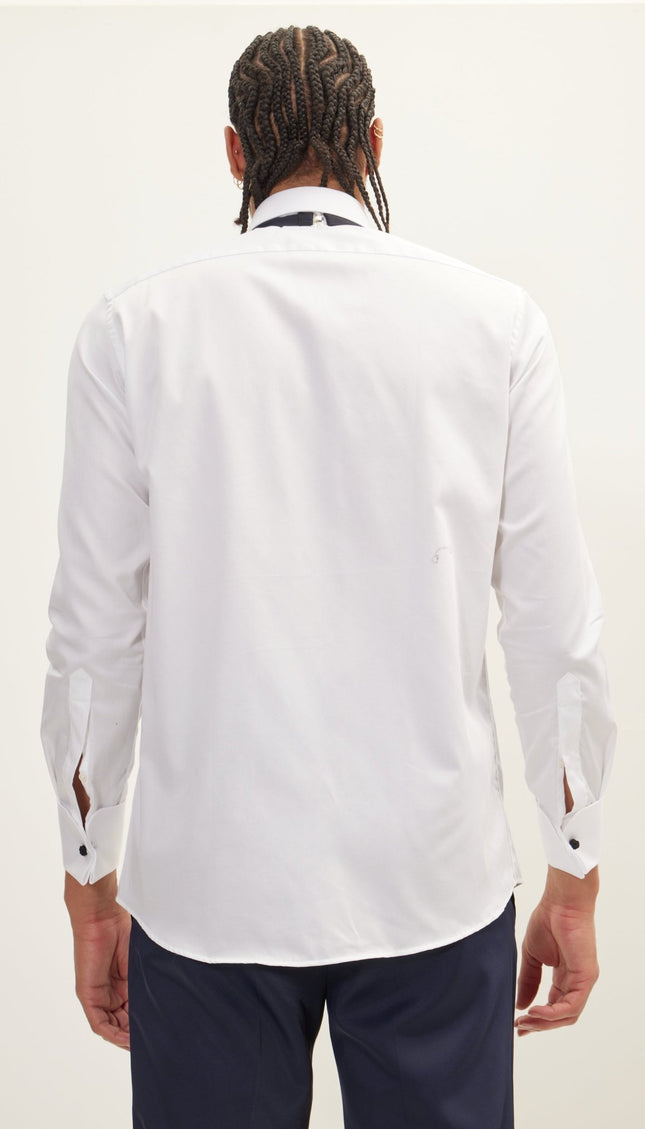 Piped Lurex Detailed Tuxedo Shirt - White Black - Ron Tomson