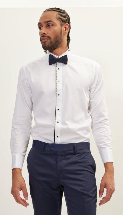 Piped Lurex Detailed Tuxedo Shirt - White Black - Ron Tomson