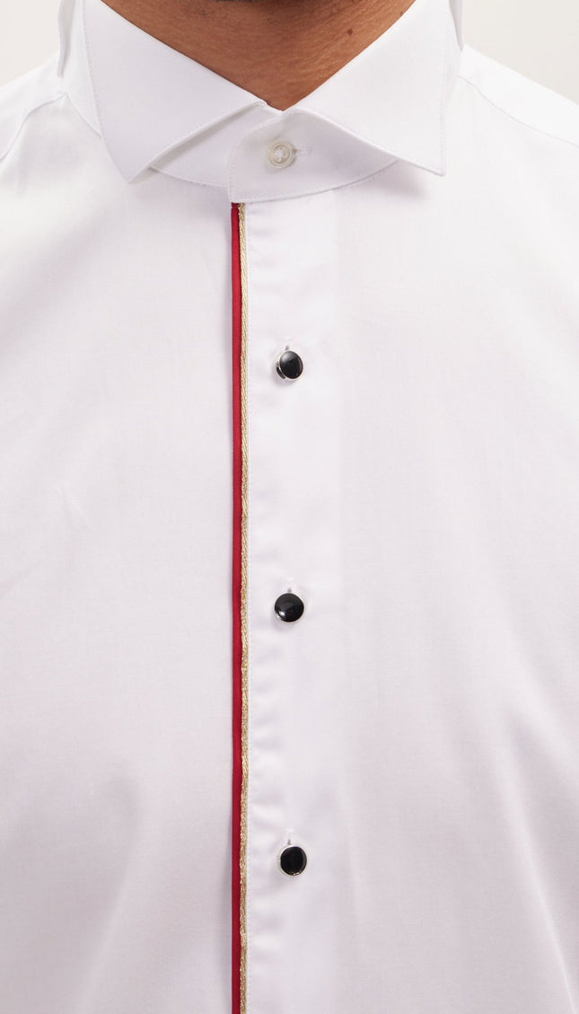 Piped Lurex Detailed Tuxedo Shirt - White Red - Ron Tomson