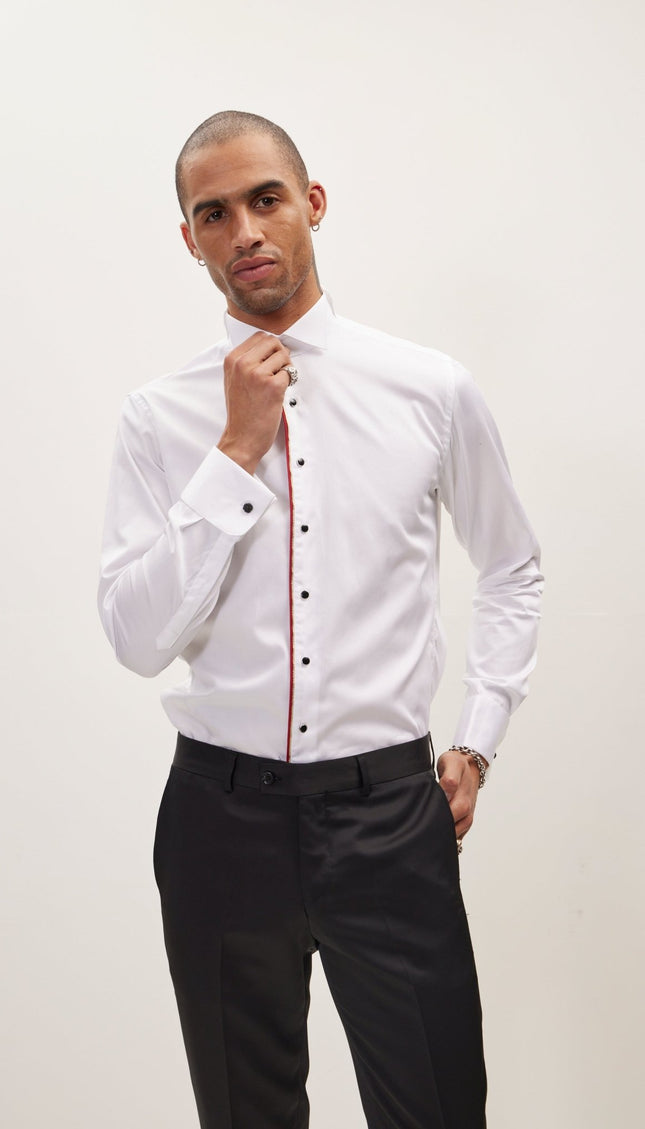 Piped Lurex Detailed Tuxedo Shirt - White Red - Ron Tomson