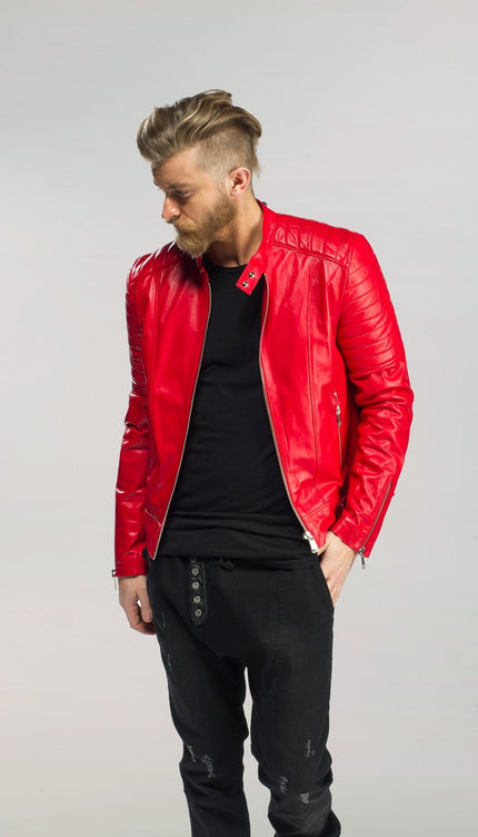 Piping Detail Sleek Leather Biker Jacket - Red - Ron Tomson