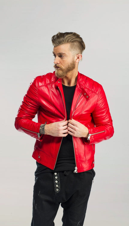 Piping Detail Sleek Leather Biker Jacket - Red - Ron Tomson