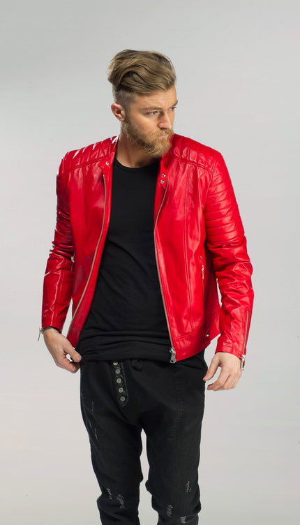 Piping Detail Sleek Leather Biker Jacket - Red - Ron Tomson