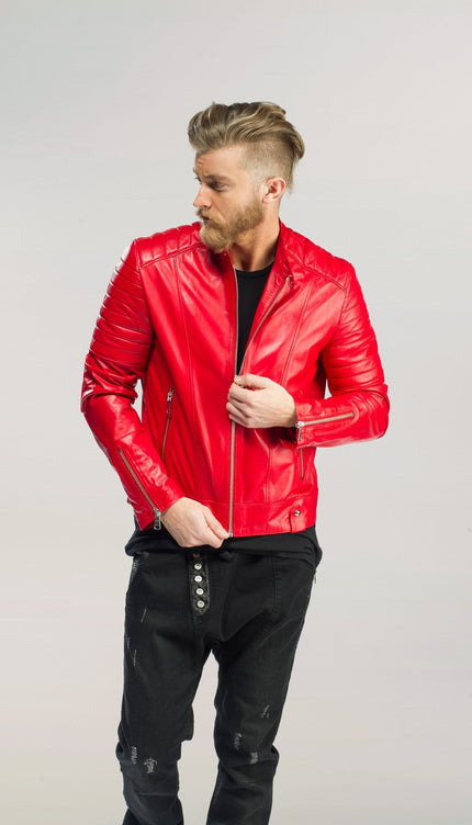 Piping Detail Sleek Leather Biker Jacket - Red - Ron Tomson