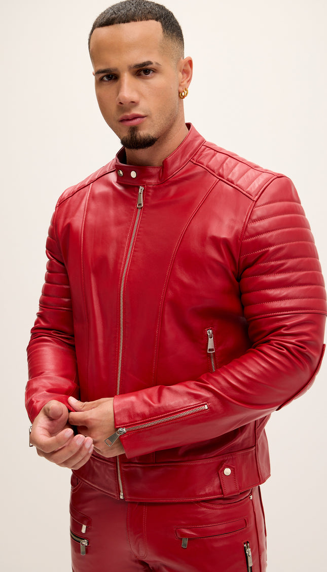Piping Detail Sleek Leather Roadster Jacket - Red - Ron Tomson