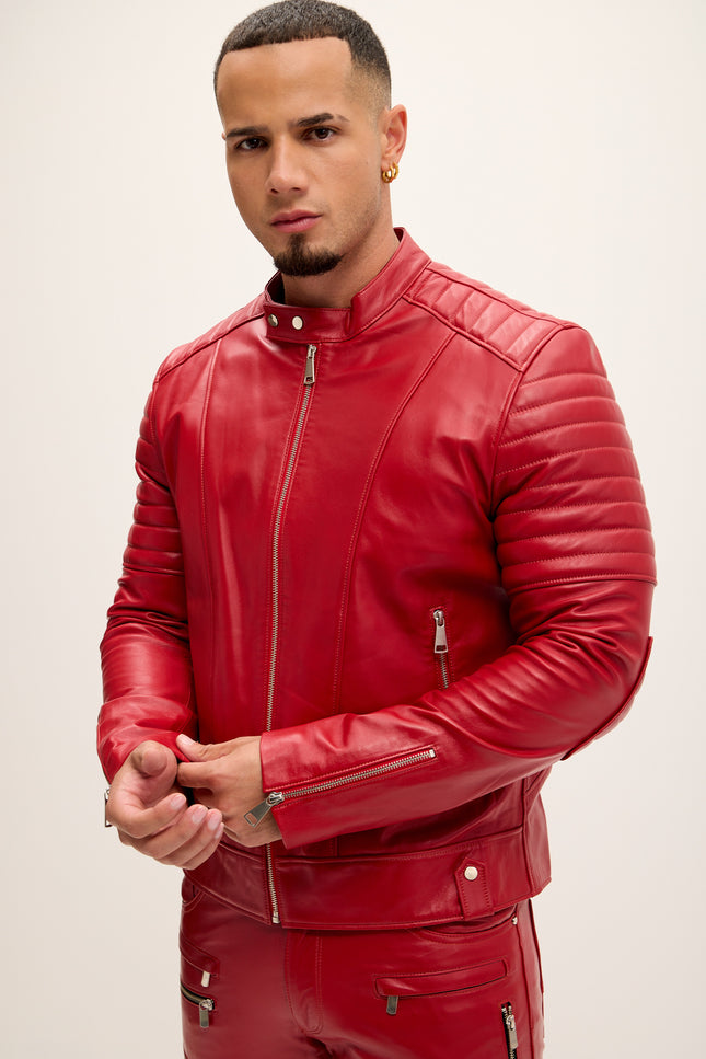 Men's Piping Detail Sleek Leather Roadster Jacket - Red - Ron Tomson Leather