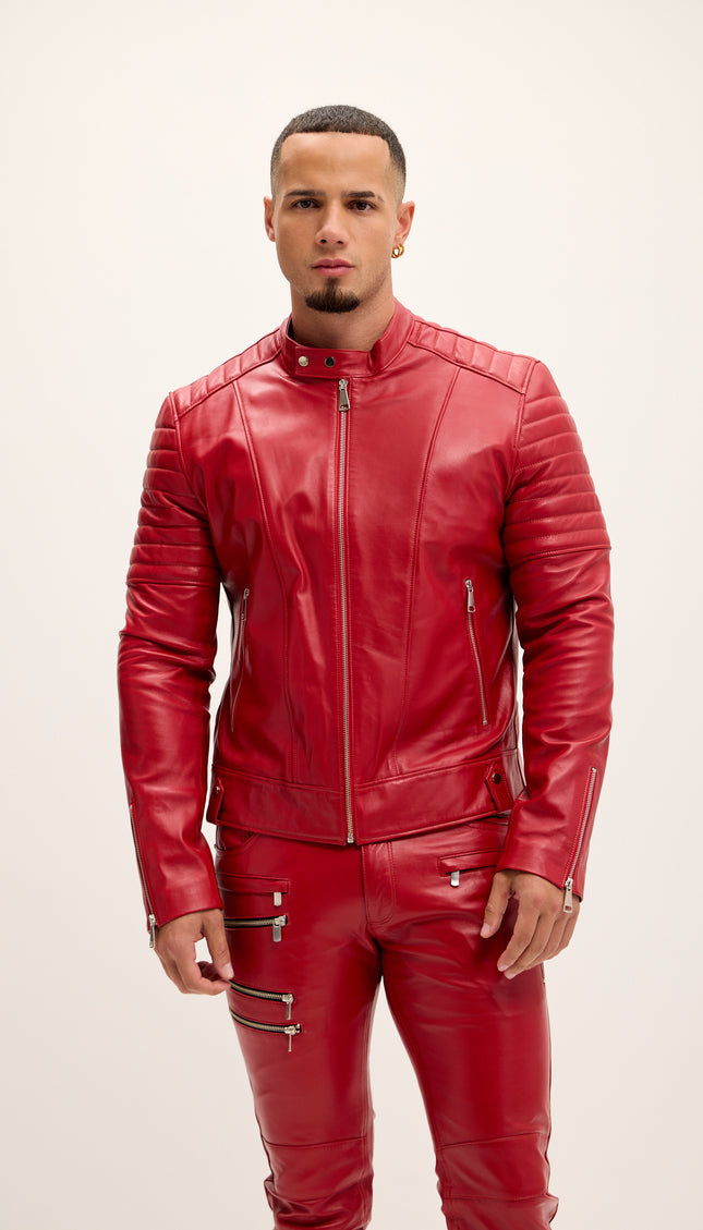 Piping Detail Sleek Leather Roadster Jacket - Red - Ron Tomson