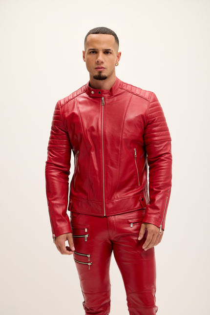 Men's Piping Detail Sleek Leather Roadster Jacket - Red - Ron Tomson