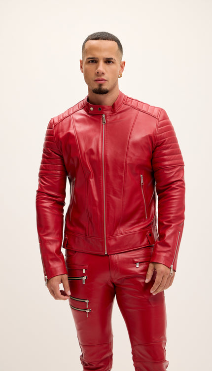 Piping Detail Sleek Leather Roadster Jacket - Red - Ron Tomson