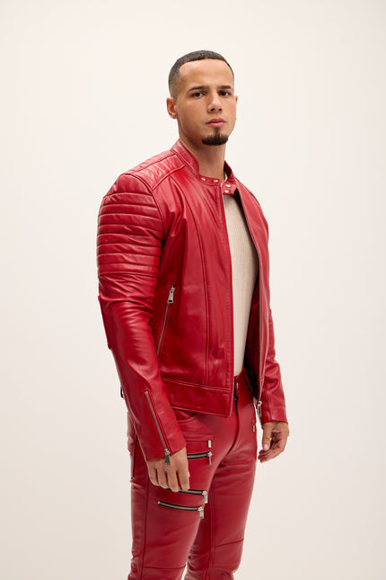 Men's Piping Detail Sleek Leather Roadster Jacket - Red - Ron Tomson Leather