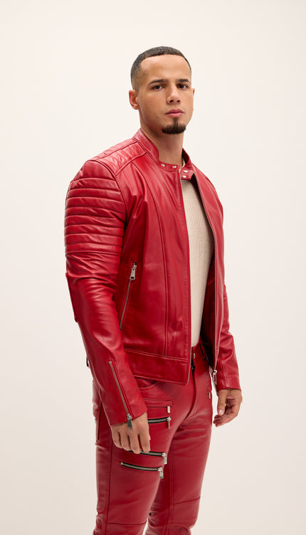 Piping Detail Sleek Leather Roadster Jacket - Red - Ron Tomson