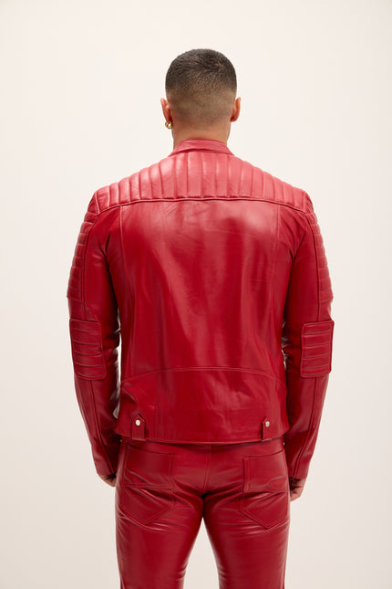 Men's Piping Detail Sleek Leather Roadster Jacket - Red - Ron Tomson Leather
