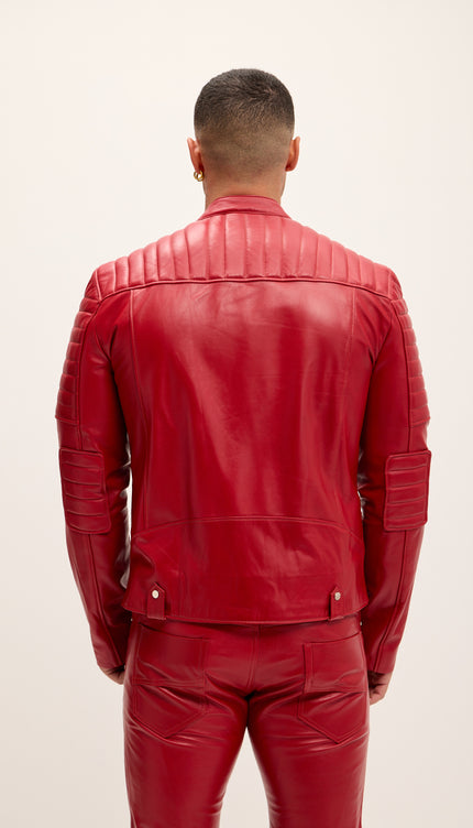 Piping Detail Sleek Leather Roadster Jacket - Red - Ron Tomson