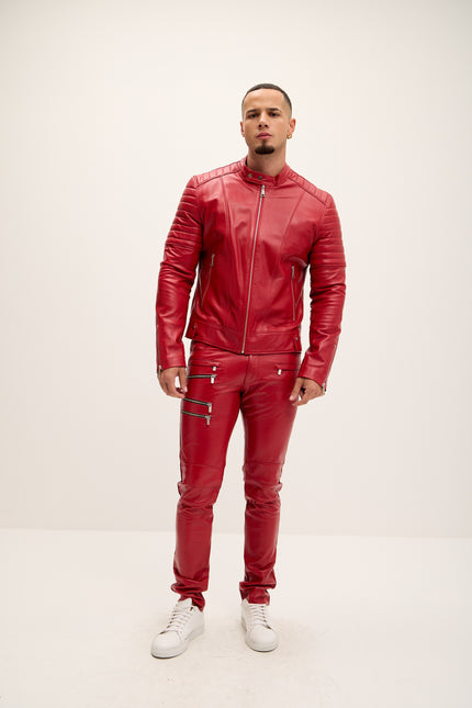 Men's Piping Detail Sleek Leather Roadster Jacket - Red - Ron Tomson Leather