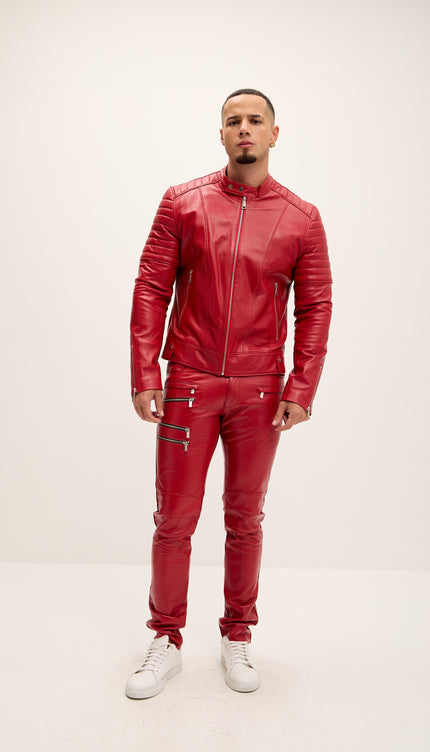 Piping Detail Sleek Leather Roadster Jacket - Red - Ron Tomson