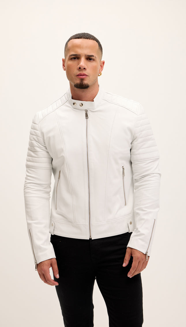 Piping Detail Sleek Leather Roadster Jacket - White - Ron Tomson