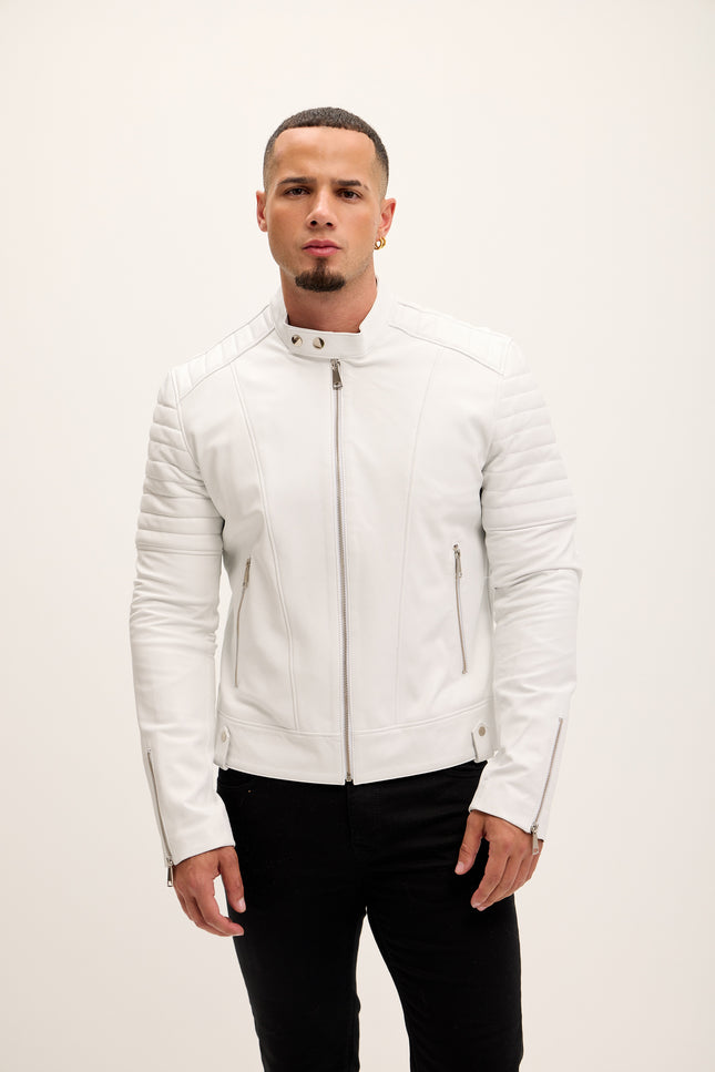 Men's Piping Detail Sleek Leather Roadster Jacket - White - Ron Tomson Leather