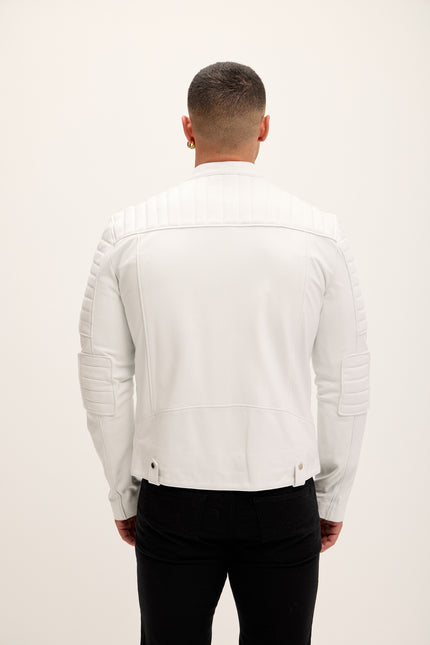 Men's Piping Detail Sleek Leather Roadster Jacket - White - Ron Tomson Leather