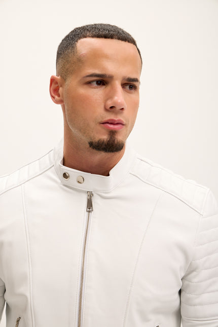 Men's Piping Detail Sleek Leather Roadster Jacket - White - Ron Tomson Leather