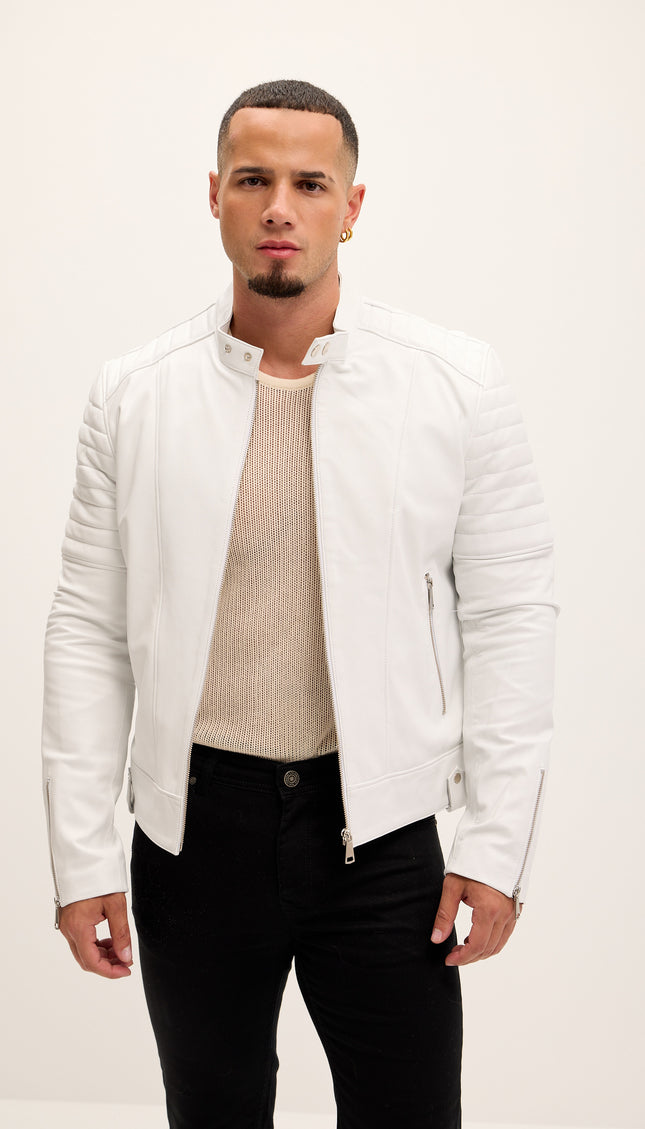 Piping Detail Sleek Leather Roadster Jacket - White - Ron Tomson