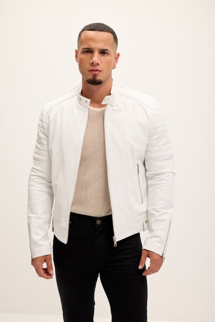 Men's Piping Detail Sleek Leather Roadster Jacket - White - Ron Tomson