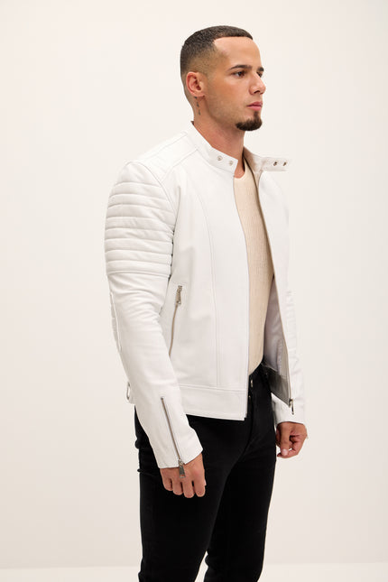 Men's Piping Detail Sleek Leather Roadster Jacket - White - Ron Tomson Leather