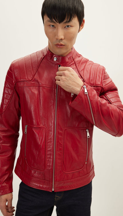 Piping Details Leather Biker Jacket - Red - Ron Tomson