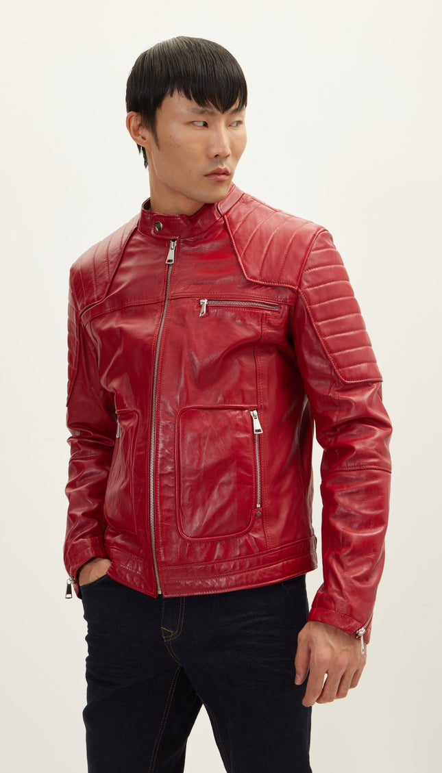 Piping Details Leather Biker Jacket - Red - Ron Tomson