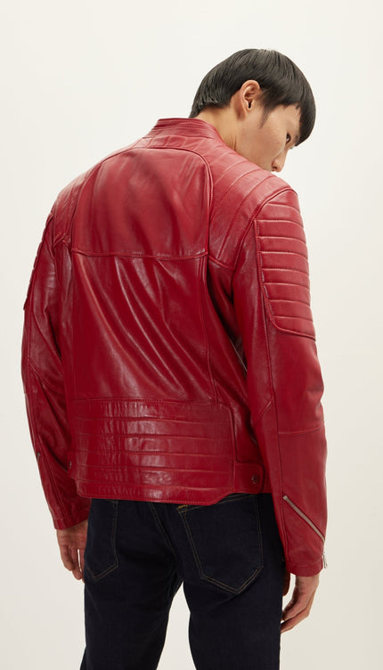 Piping Details Leather Biker Jacket - Red - Ron Tomson