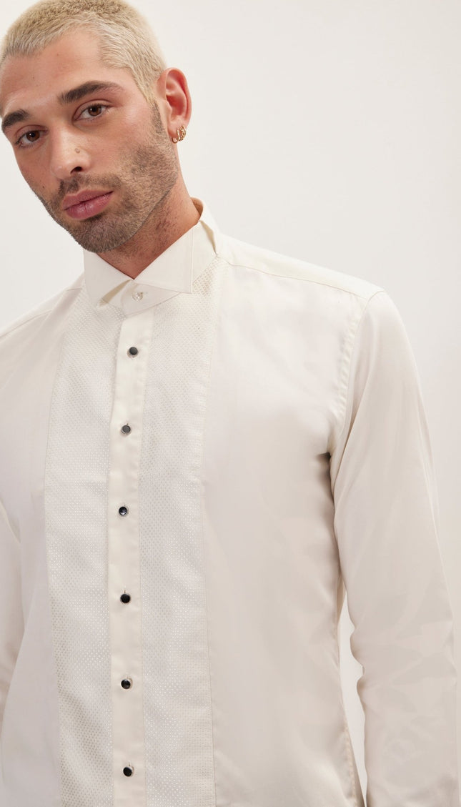 Pique Bib Tuxedo Shirt - Beige - Ron Tomson